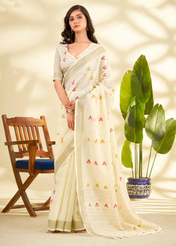 Off White Woven Linen Silk Saree