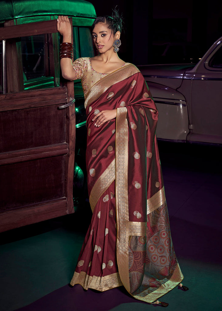 “Exclusive Offer” : Rich Maroon Woven Banarasi Silk Saree With Embroidered Blouse