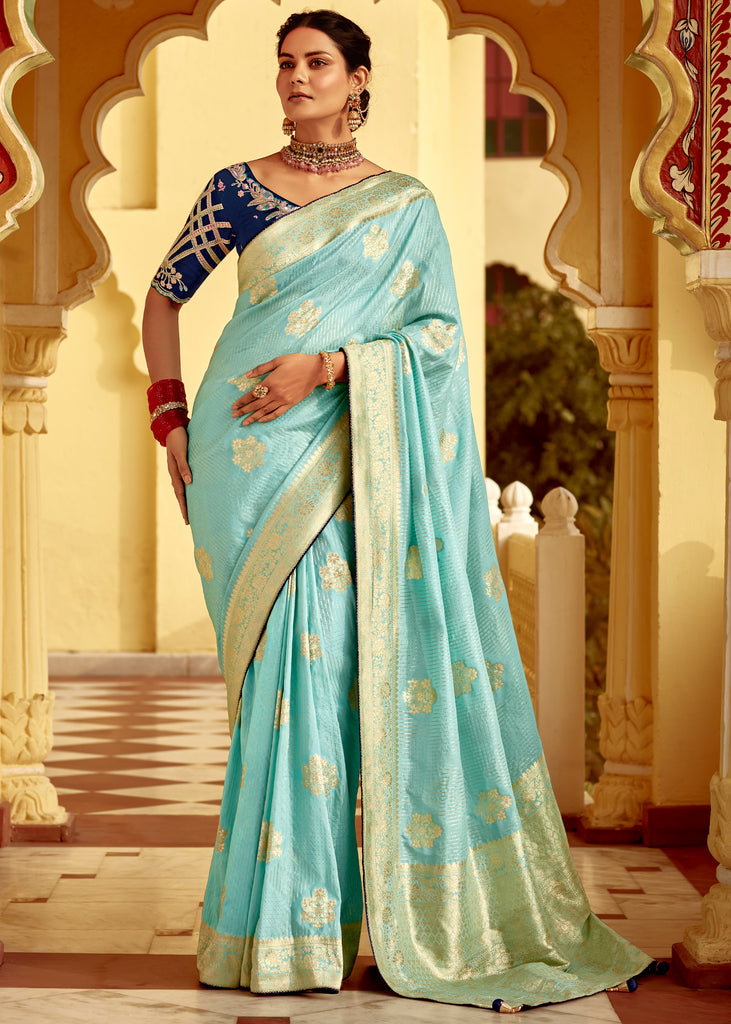 Aruba Blue Woven Banarasi Designer Silk Saree With Embroidered Blouse