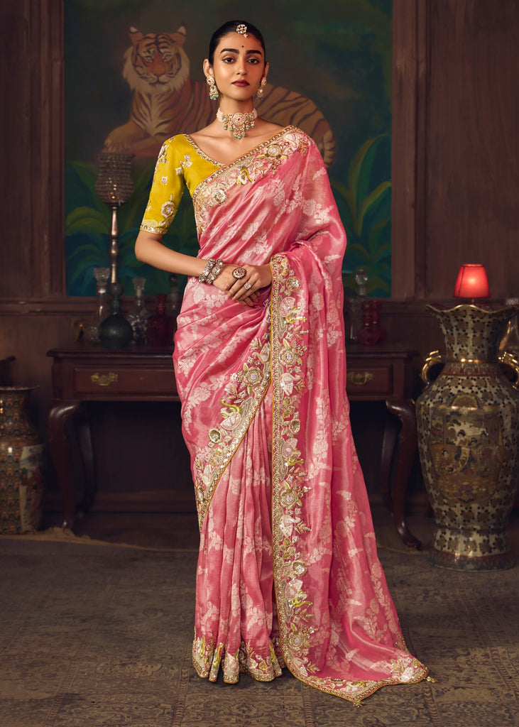 Blossom Pink Woven Embroidered Saree
