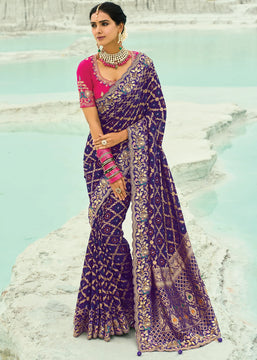 Eggplant Violet Woven Georgette Bandhej Designer Saree