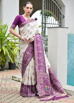 White & Purple Woven Banarasi Patola Silk Saree