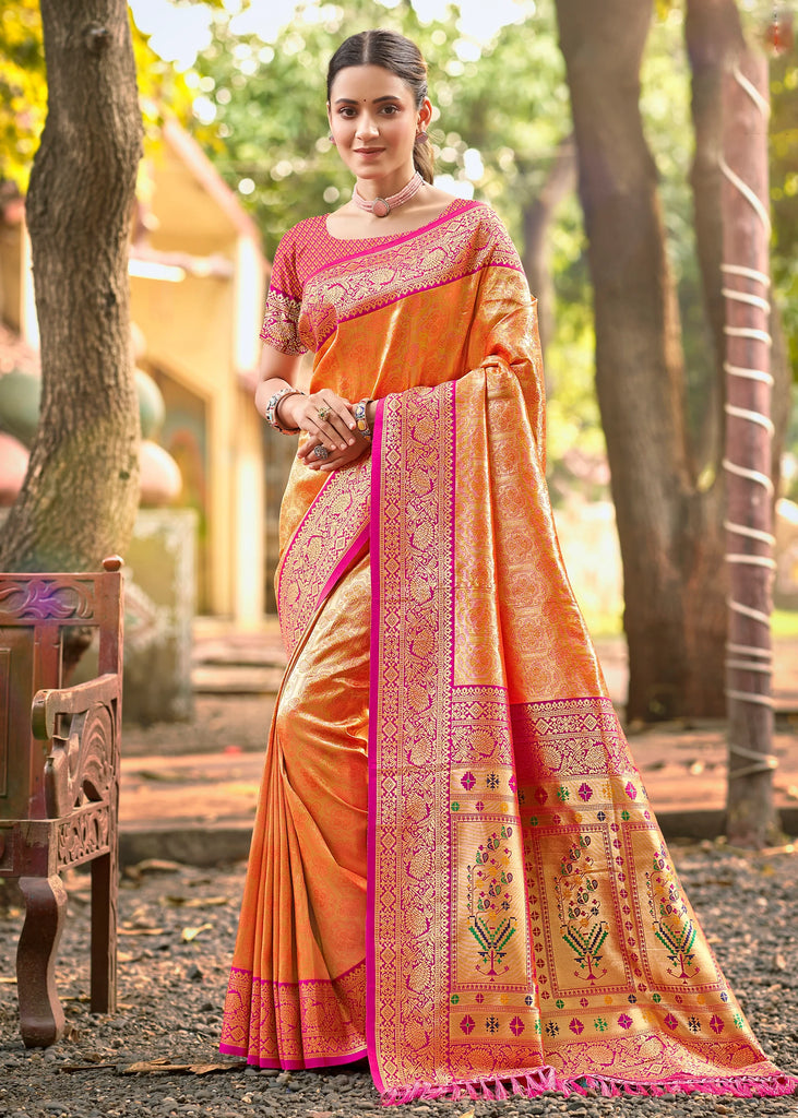 Flame Orange Woven Kanjivaram Silk Saree