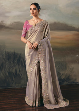 Mauve Tissue Embroidered Wedding Wear Saree