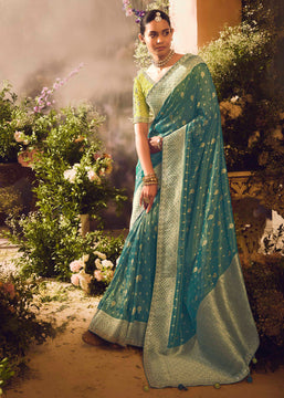 Navigate Green Banarasi Designer Silk Saree With Embroidered Blouse