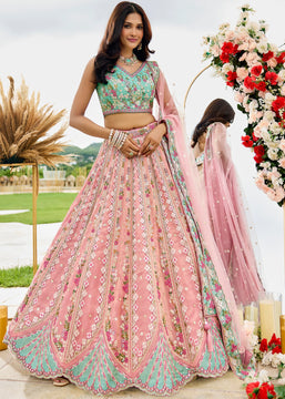 Elegant Pink Tissue Embroidered Wedding Lehenga