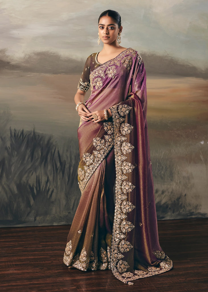 Purple & Brown Tissue Embroidered Wedding Wear Saree