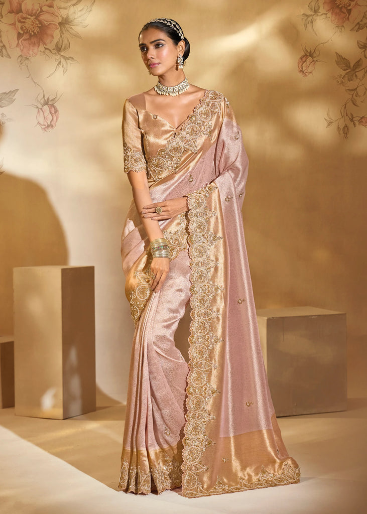 Pink Gold Designer Embroidered Silk Saree