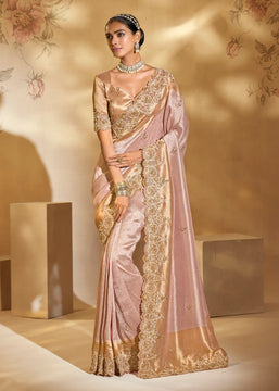 Pink Gold Designer Embroidered Silk Saree