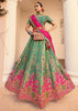 Green & Pink Banarasi Silk Embroidered Lehenga