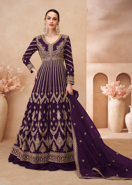 Passion Purple Heavy Embroidered Front Cut Anarkali Set