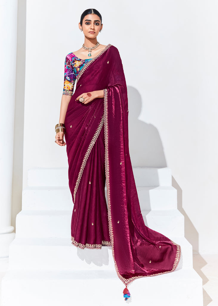 American Maroon Designer Organza Tissue Silk Saree With Printed Blouse