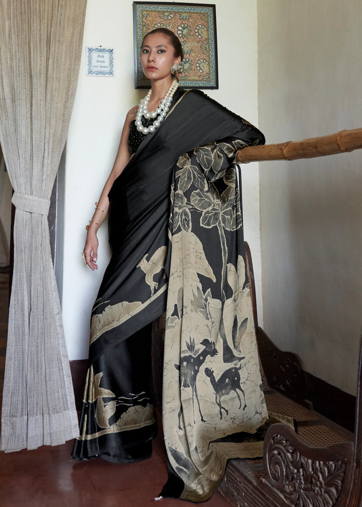 Black Animal Printed Satin Crepe Saree