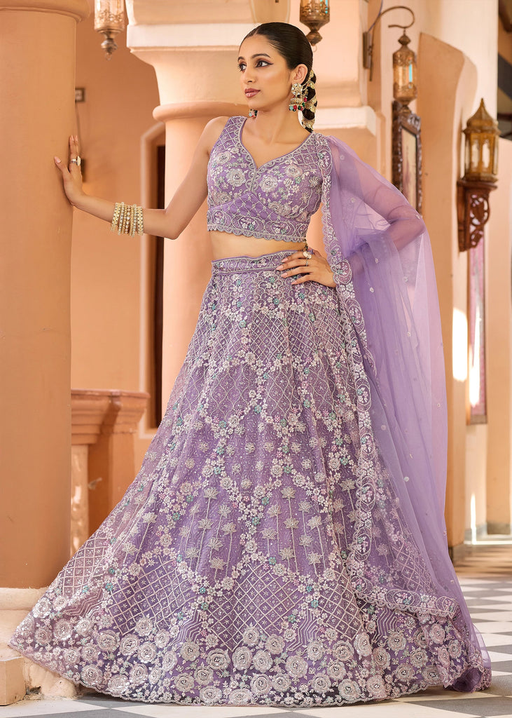 Lavender Embroidered Net Lehenga