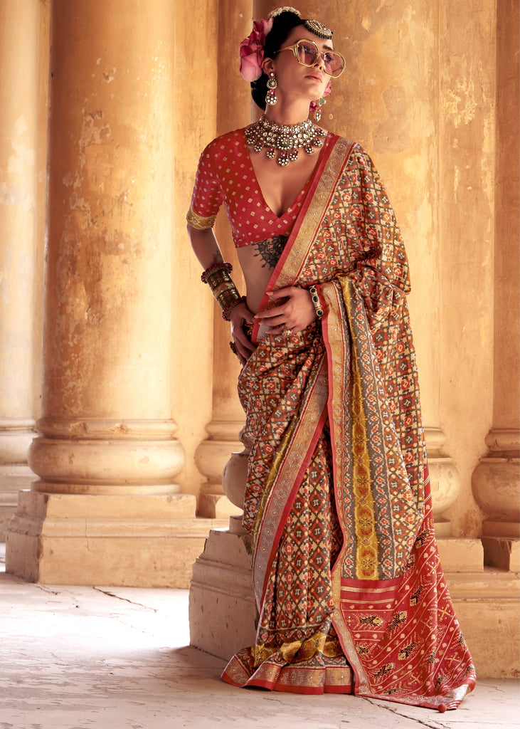 Rust Orange Printed Patola Silk Saree