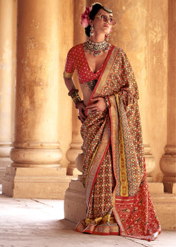 Rust Orange Printed Patola Silk Saree