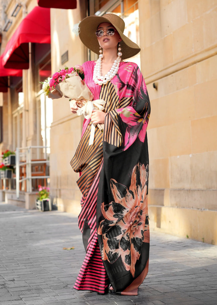 Pink And Black Digital Printed Soft Silk Saree