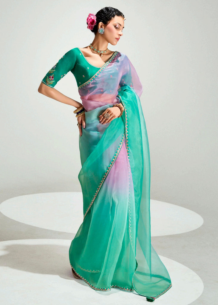 Aqua Green Ombre Banarasi Tissue Saree