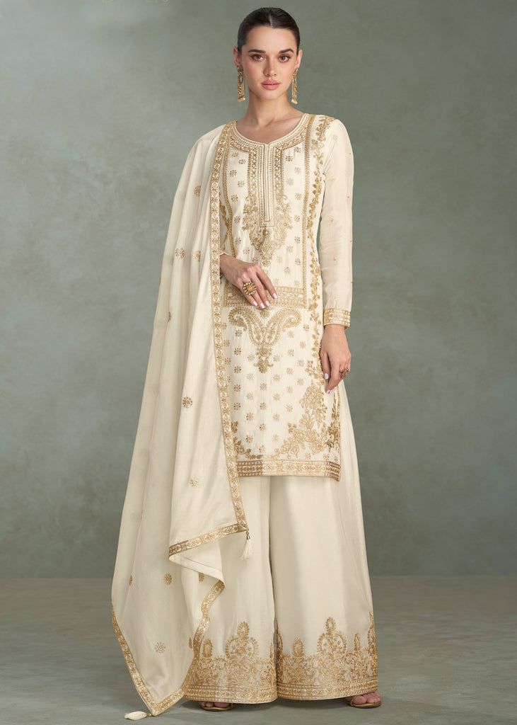 Off White Embroidered Plazzo Set