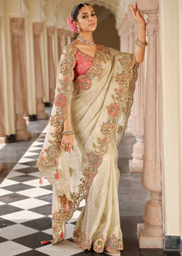 Pearl White Designer Embroidered Silk Saree