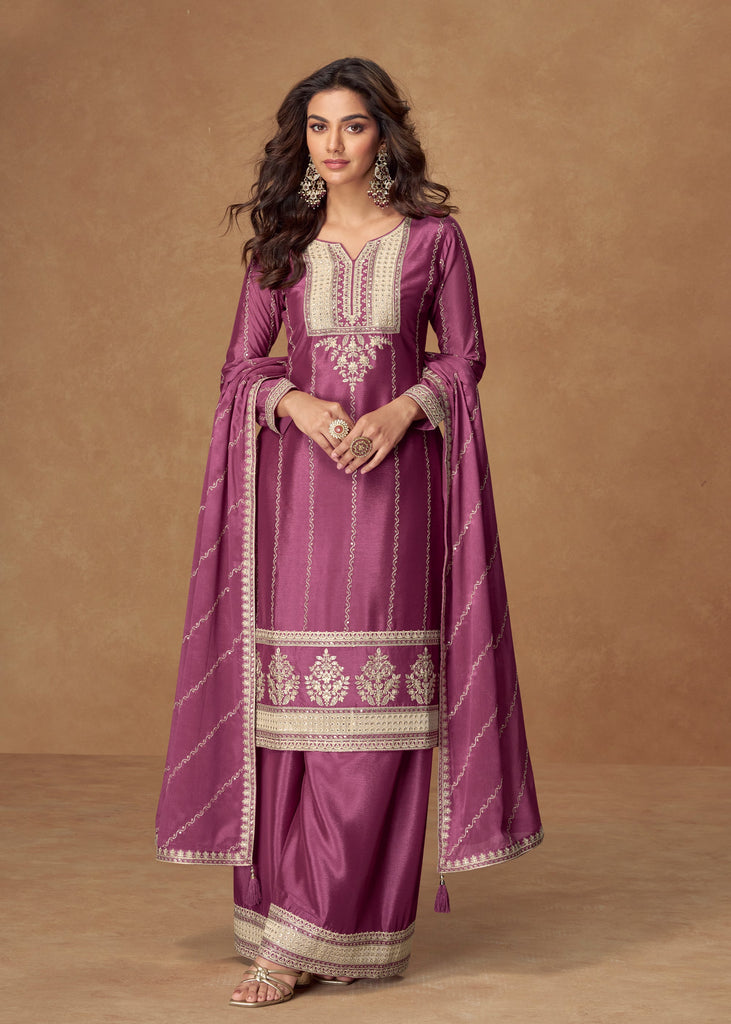 Wine Purple Embroidered Sharara Set