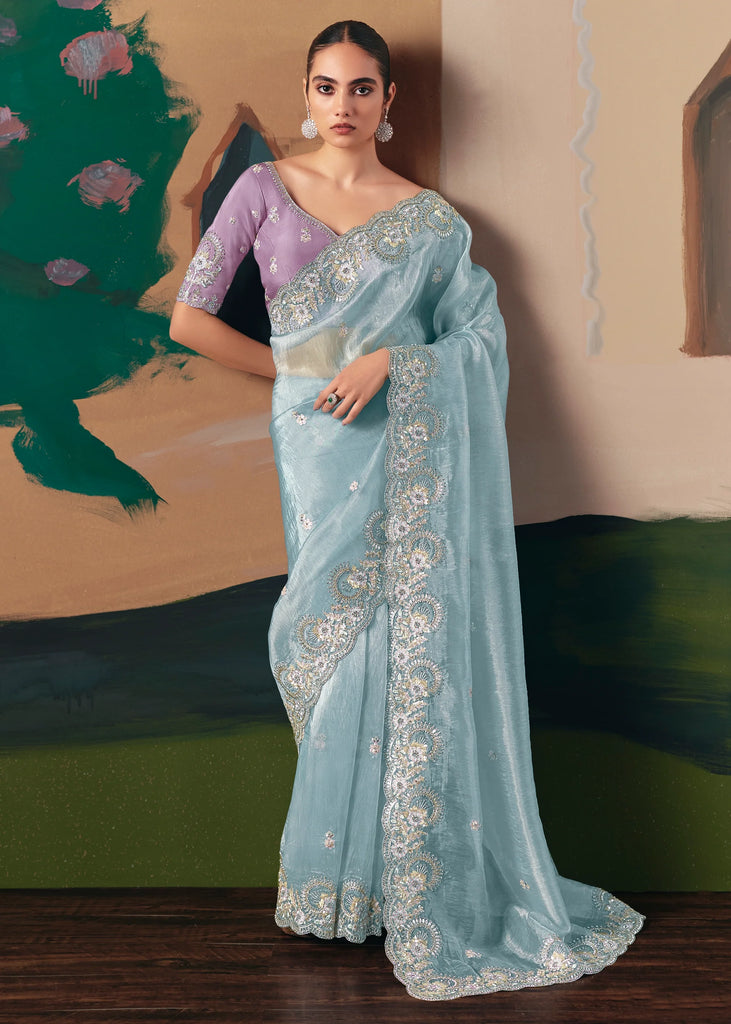 Aqua Blue Embroidered Designer Silk Saree