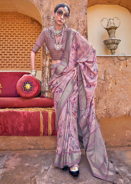 Mauve Pink Floral Printed Silk Saree With Contrast Border