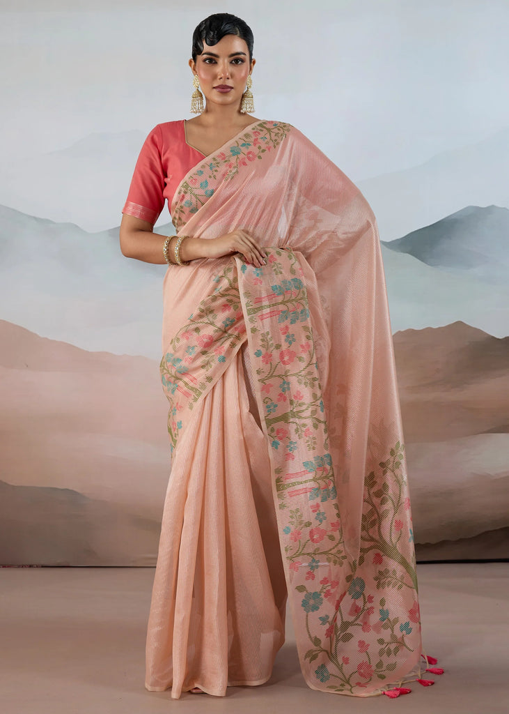 Peach Pink Woven Tissue Silk Saree