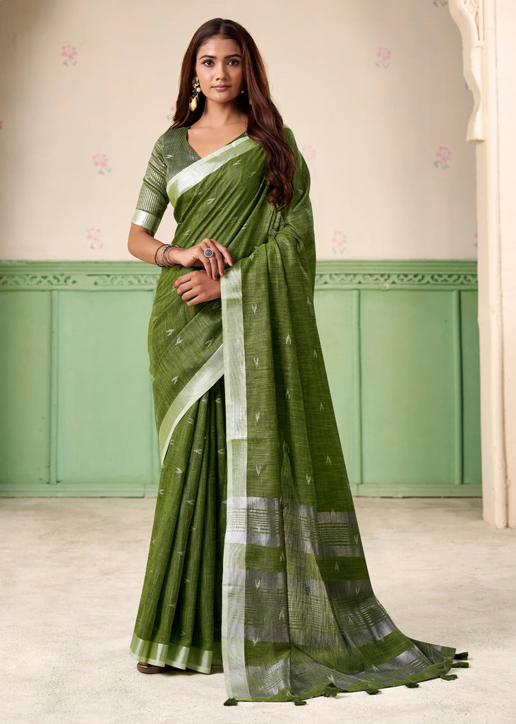 Garden Green Woven Linen Silk Saree