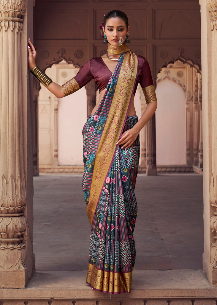 Purple And Blue Banarasi Digital Printed Silk Saree