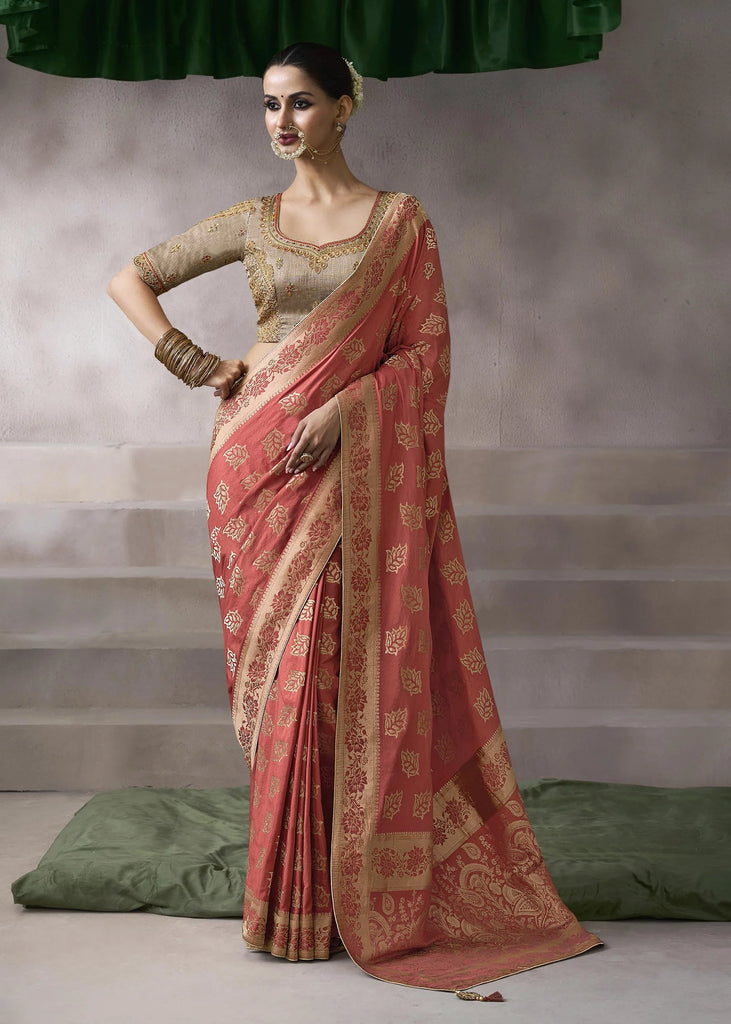 “Exclusive Offer” : Peach Pink Banarasi Designer Saree With Embroidered Blouse