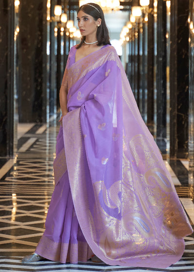 LILAC PURPLE WOVEN BANARASI LINEN SILK SAREE (6938607255745)