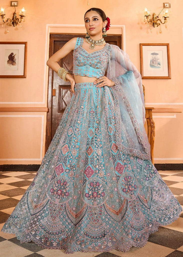 Light Blue Embroidered Net Lehenga