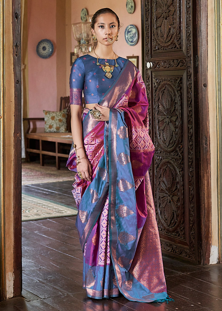 Majestic Magenta & Blue Dual Tone Bronze Zari Woven Banarasi Silk Saree