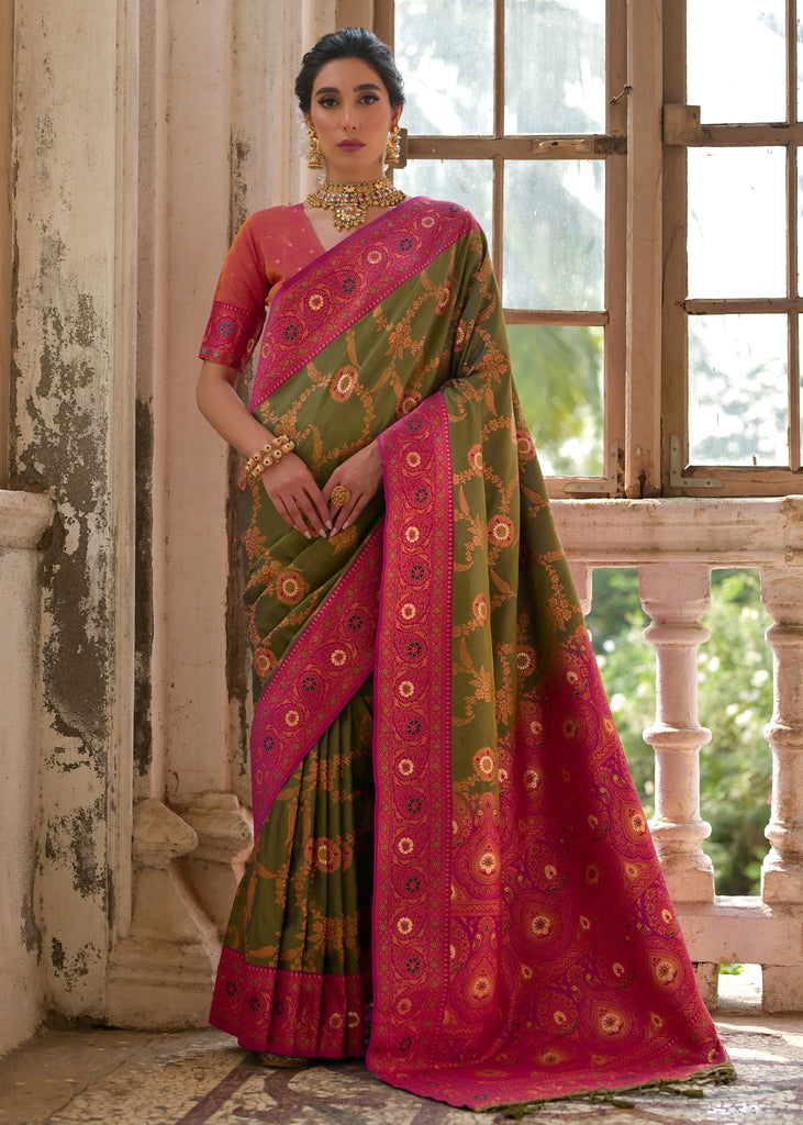 Mehndi Green Woven Banarasi Silk Saree