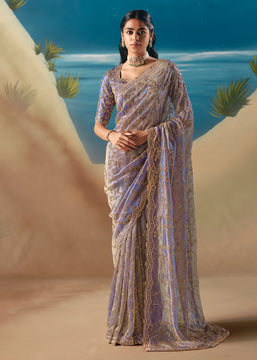 Lavender Purple Satin Organza Embroidered Saree