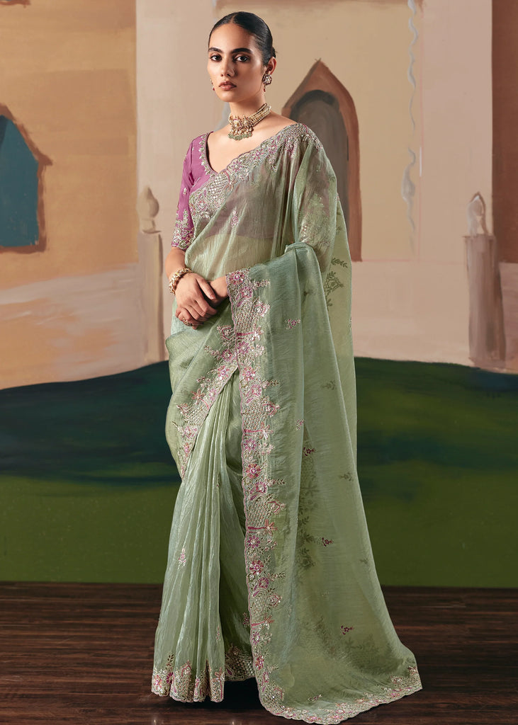 Sage Green Embroidered Designer Silk Saree