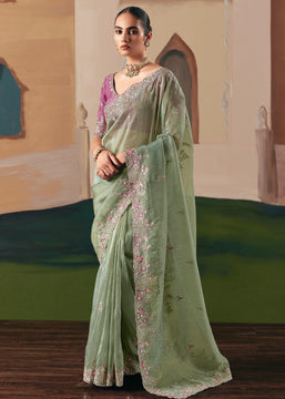 Sage Green Embroidered Designer Silk Saree