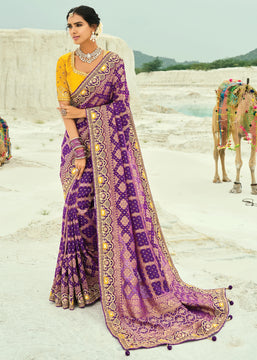 Purple Woven Georgette Bandhej Designer Saree