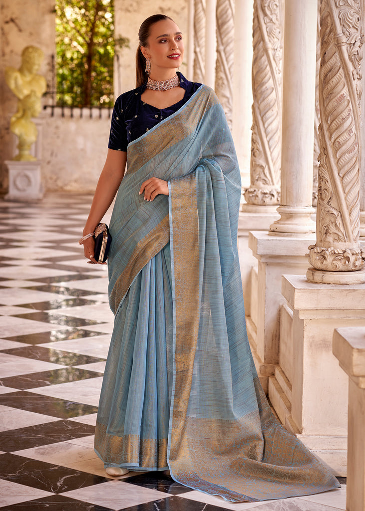 Horizon Blue Woven Banarasi Linen Silk Saree with Velvet Blouse