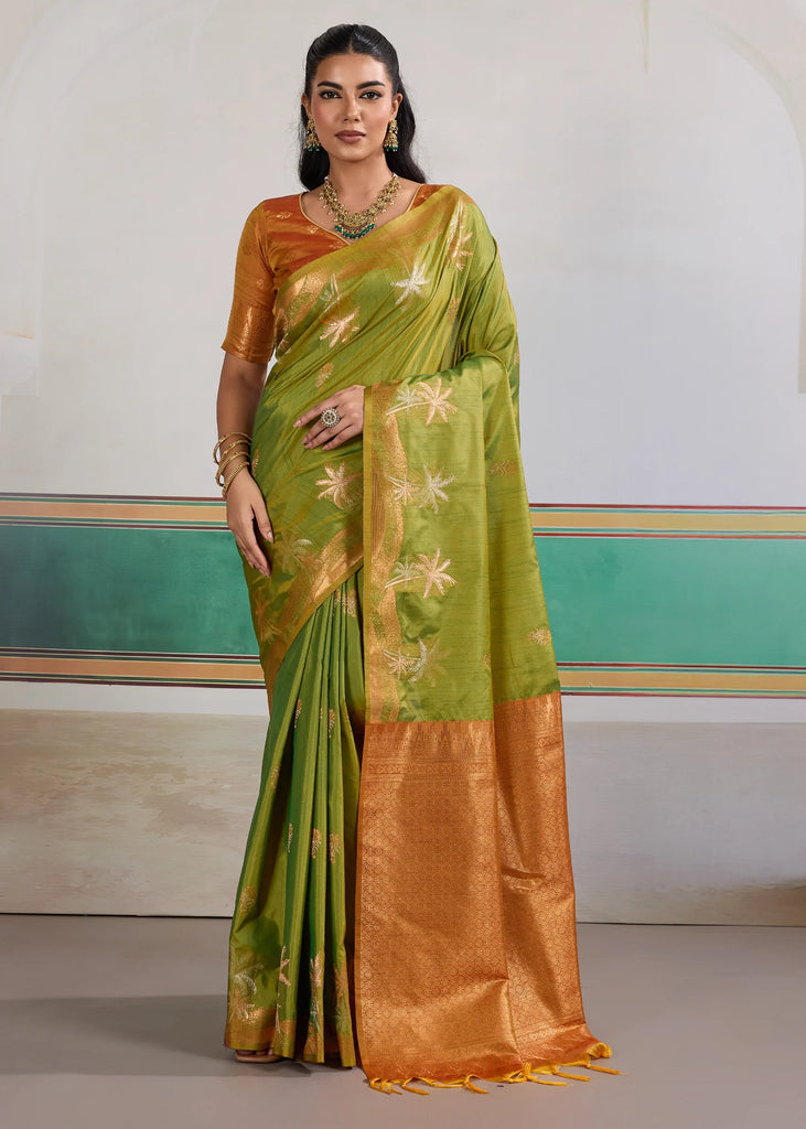 Kiwi Green Woven Tussar Silk Saree