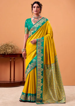 Vibrant Yellow Banarasi Satin Silk Saree