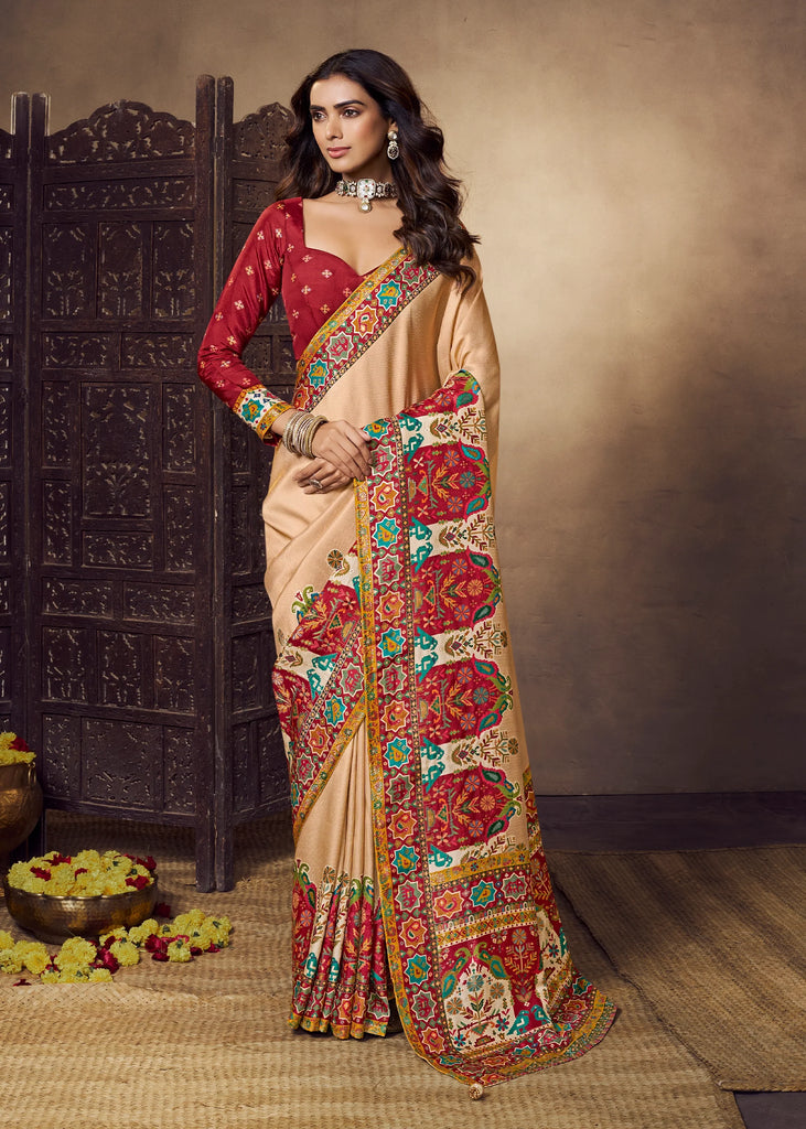 Beige And Maroon Woven Soft Silk Saree