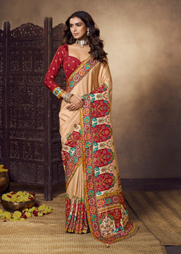 Beige And Maroon Woven Soft Silk Saree