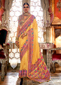 Maize Yellow Printed Kashmiri Jamewar Saree