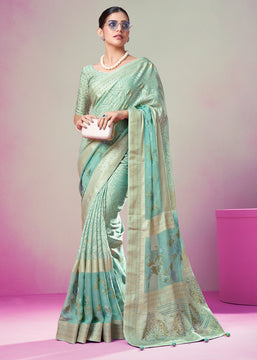 Turquoise Blue Woven Georgette Silk Saree