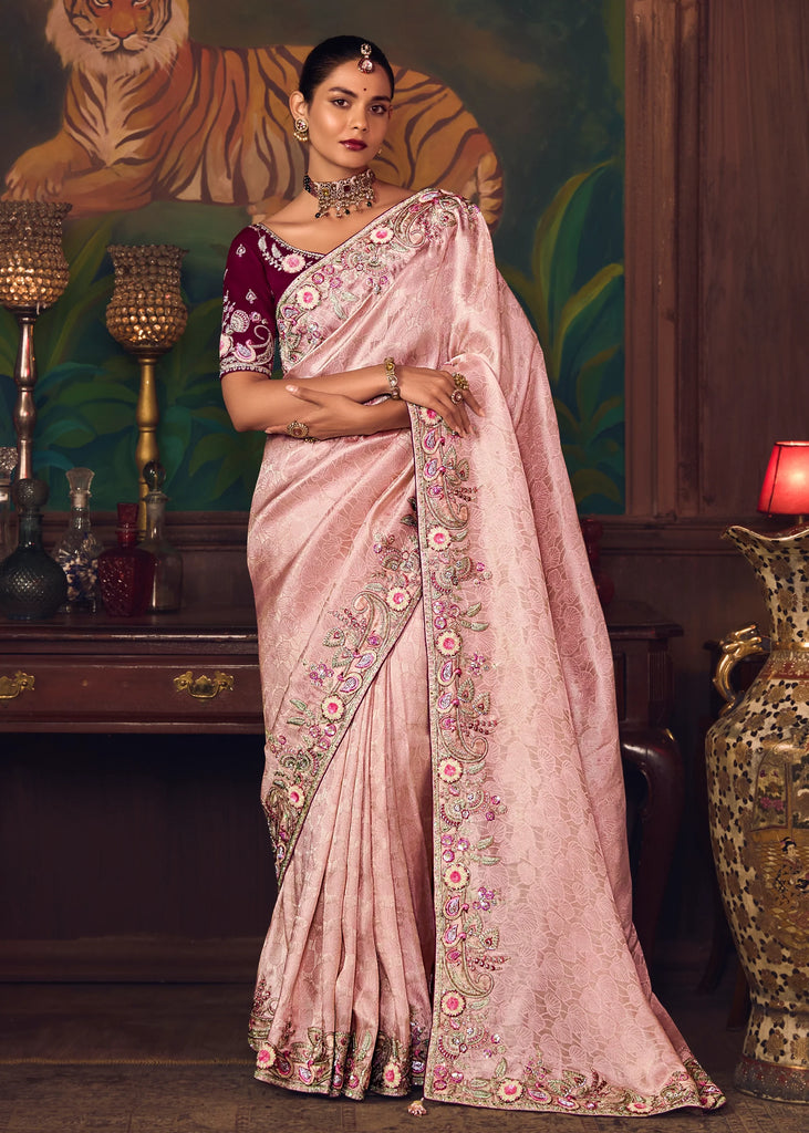 Blush Pink Woven Embroidered Saree