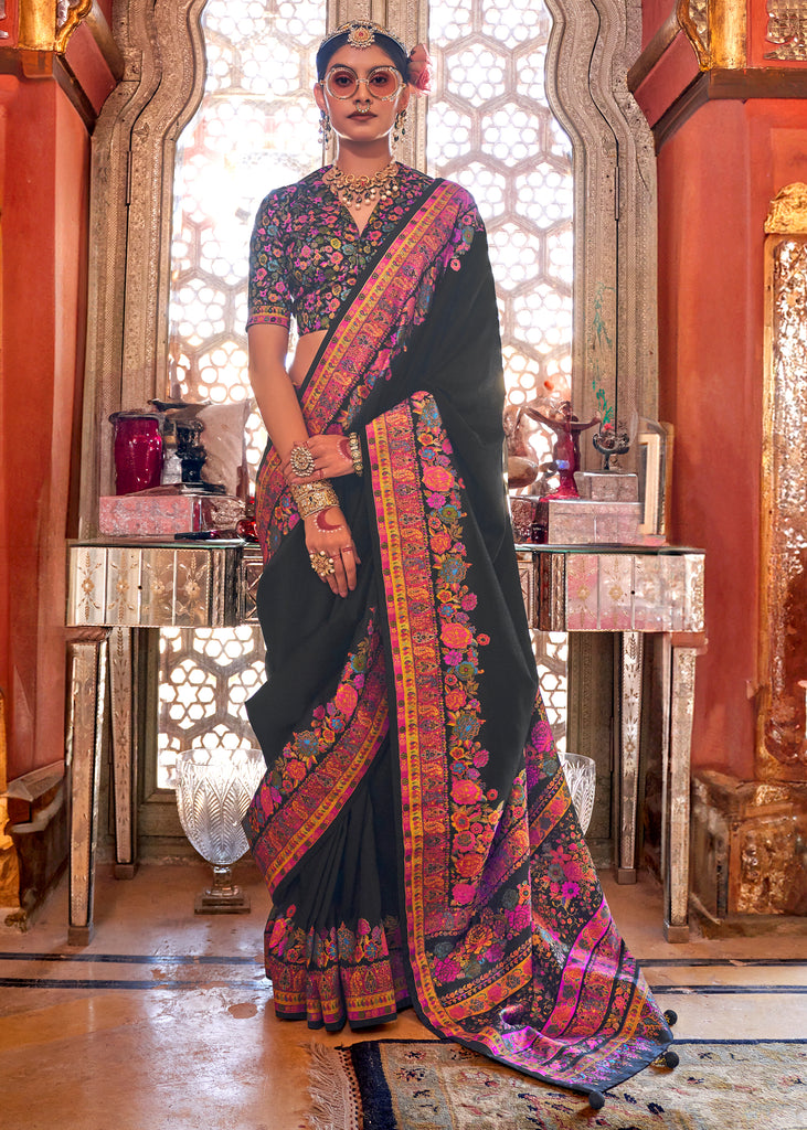 Pirate Black Printed Kashmiri Jamewar Saree