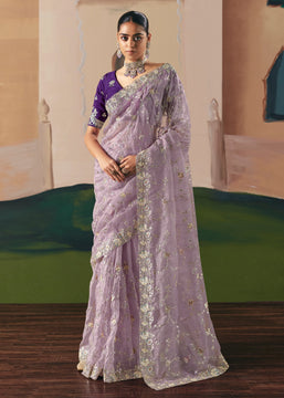 Blazing Lavender Embroidered Designer Silk Saree