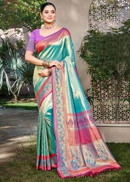 Teal Blue Woven Kanjivaram Silk Saree